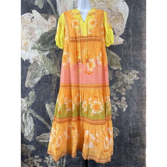 NWT Farm Rio Anthropologie Short-Sleeve Tiered Yellow Midi Dress Size SMALL - Picture 11 of 11